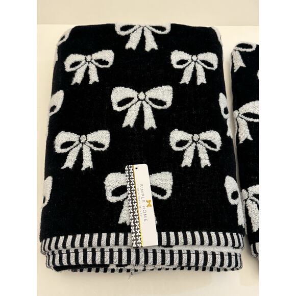 2PC Simple Home Black White Bows Bath Hand Towel Set Coquette Decor - Picture 2 of 7